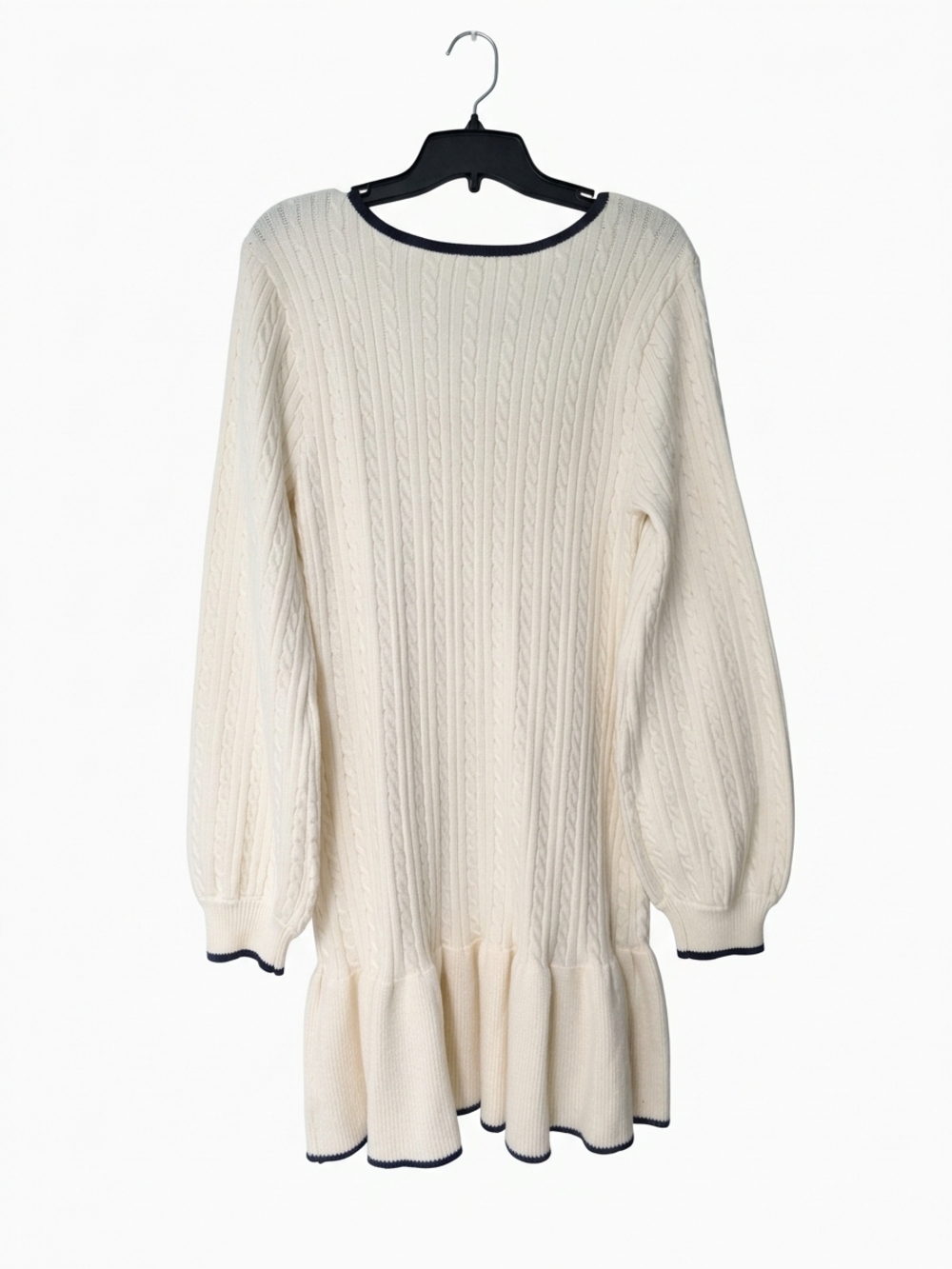 Lulu's Cream Cable Knit Long Sleeve Sweater Dress with Navy Trim